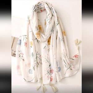 New Floral Print Long Lightweight Scarf White with Multicolor Accents